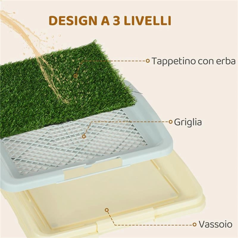 LETTIERA PER CANI 3 STRATI CON PRATO SINTETICO, GRIGLIA E VASSOIO INFERIORE, 46.5X34X5.5 CM