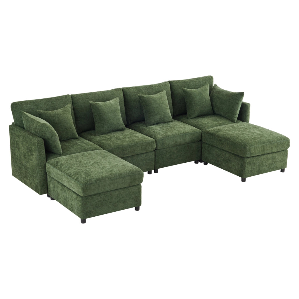 Divano Modulare U e L con 2 Poggiapiedi e 6 Cuscini in Tessuto Chenille ¨C Xylo ¨C Verde