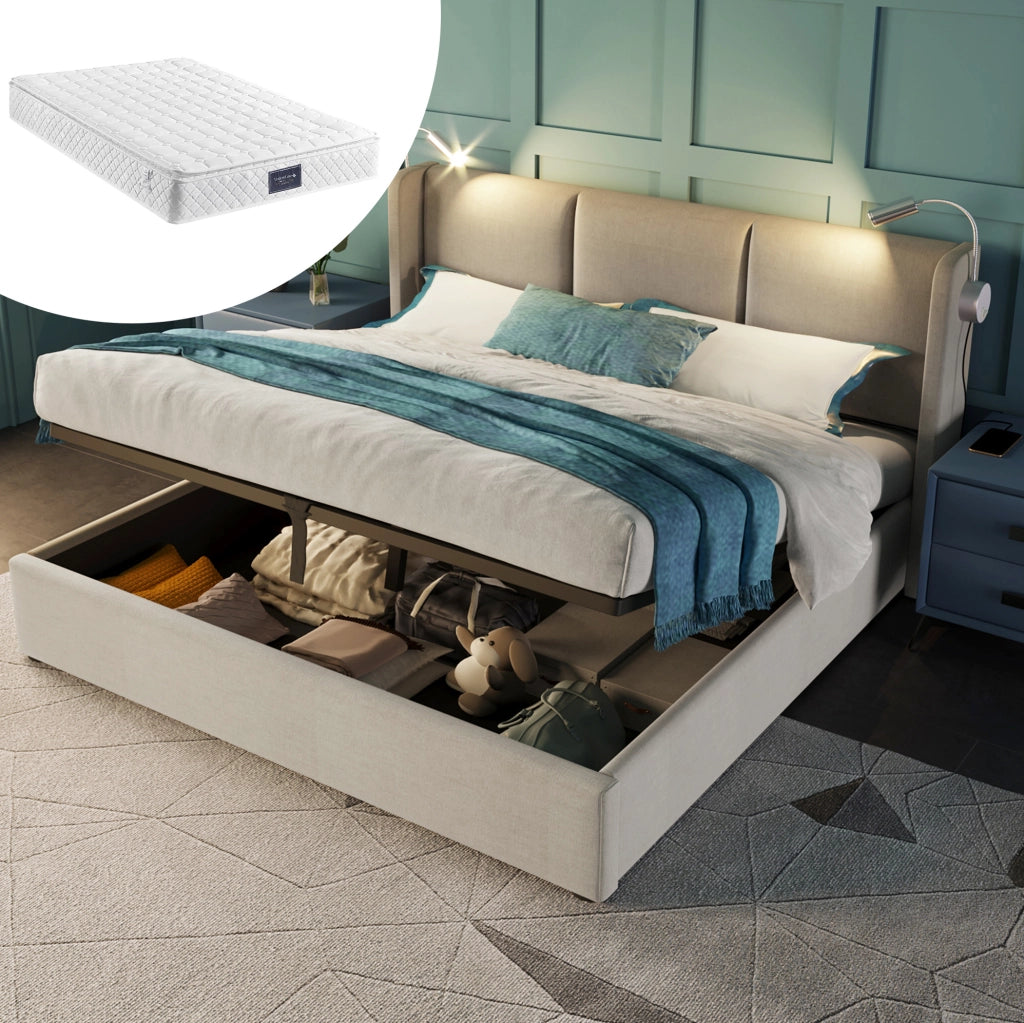 Letto imbottito 140x200 cm beige con contenitore, luce da lettura USB e materasso H3