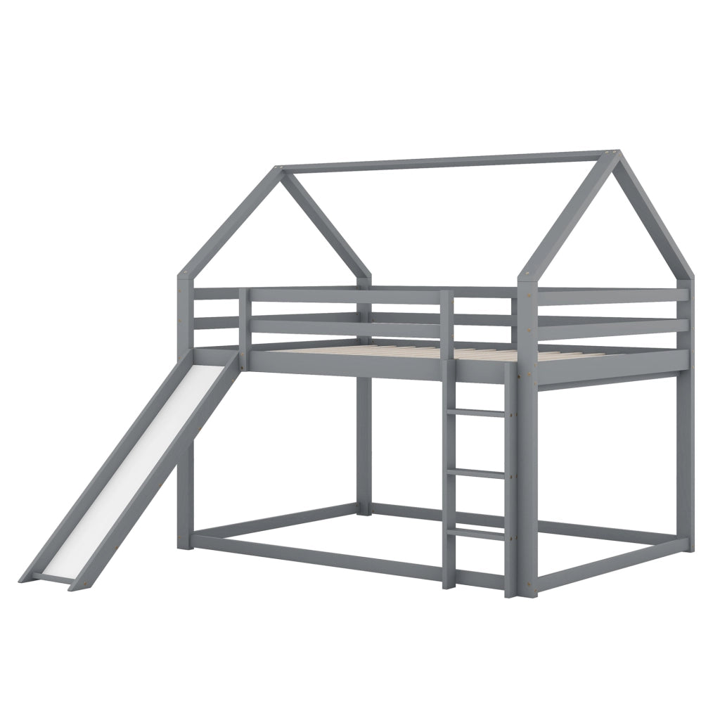 Letto a castello a casetta 140x200 cm con scivolo e scala; legno di pino; grigio