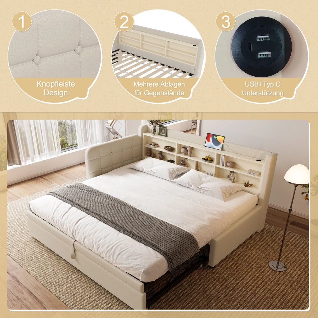 DESMIU Letto divano 90 × 200 cm 1 posto con USB, Type-C, ripiani, senza materasso, in lino, beige
