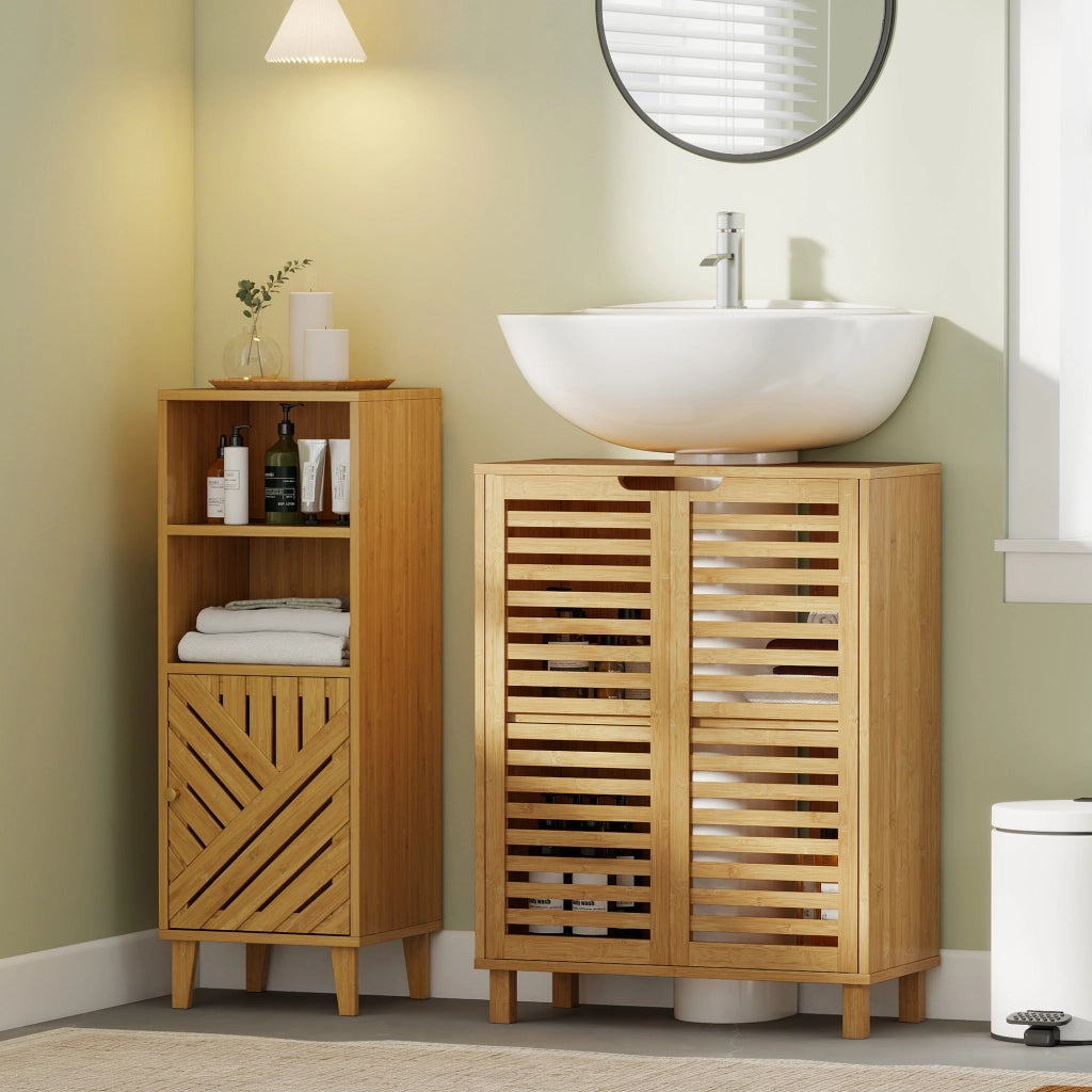 Mobile Bagno Sottolavabo in Bamb¨´ con Ante a Doghe e Ripiano Regolabile ¨C Zephmum ¨C Naturale 60x30x50