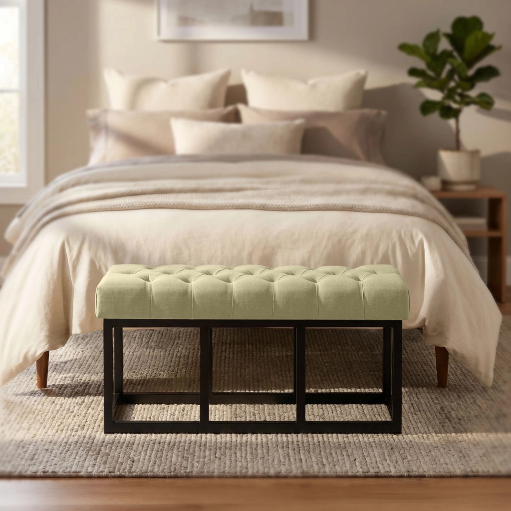 Panca design AMUN in metallo nero opaco e tessuto Tortora,100 cm