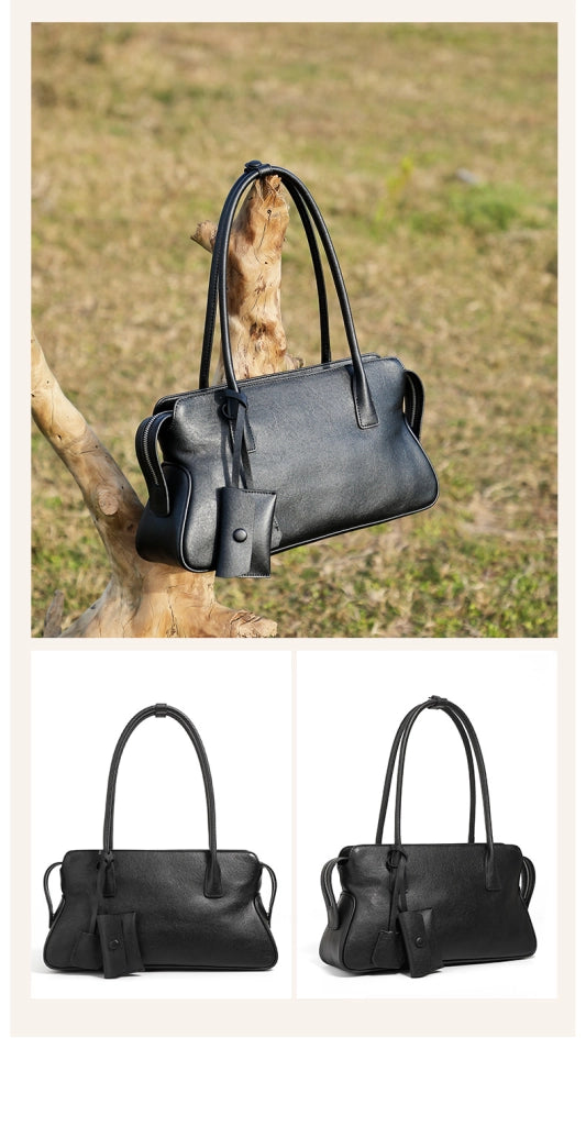 Borsa a tracolla da donna in vera pelle, modello tote o hobo, nera.