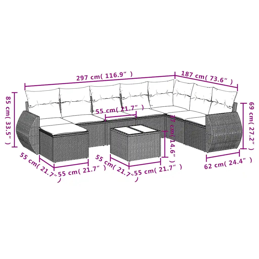 Set Divani da Giardino 9pz con Cuscini Marrone in Polyrattan 3221772
