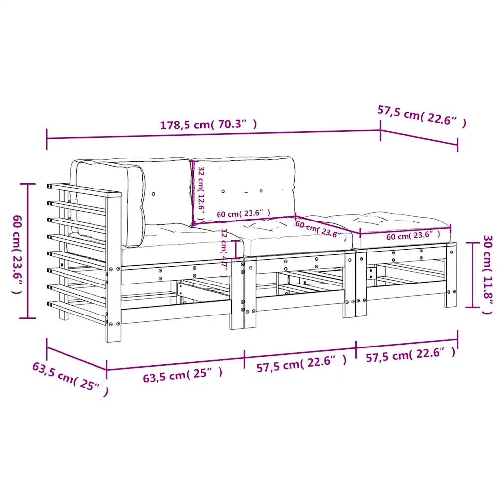 Set Divani da Giardino 3pz con Cuscini in Legno Massello Grigio 3186034