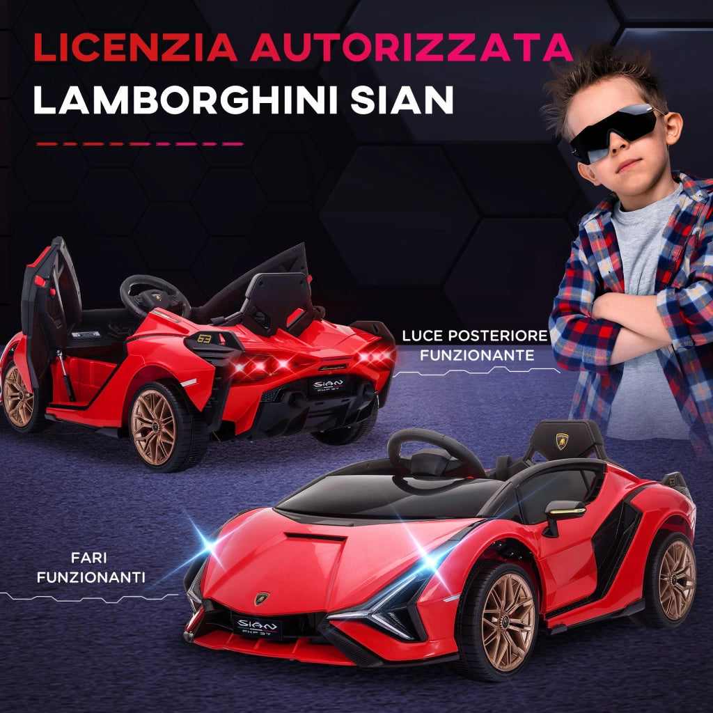 EasyComfort Macchina Elettrica per Bambini 3-5 Anni 12V Lamborghini SIAN, 3-5km/h Auto Elettrica per Bambini con 2 Motori, Fari e Musica, Telecomando, Cintura e Clacson, Rosso