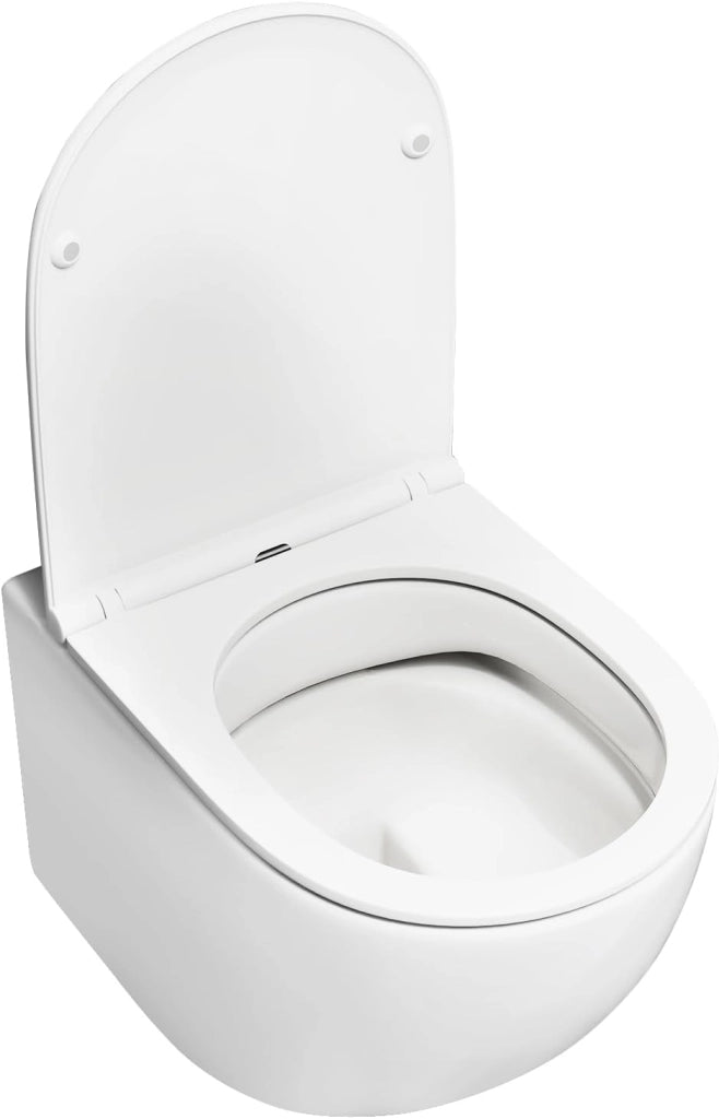 WC sospeso senza bordo, WC da parete in ceramica con coperchio rimovibile, chiusura morbida, sistema a doppio sciacquone, design salvaspazio, 52,5 x 35,8 x 36 cm