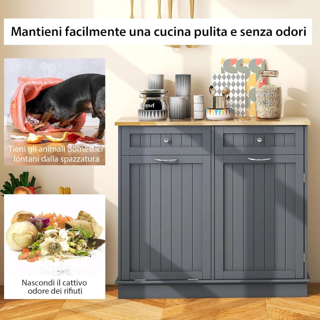 Credenza Cucina, Mobile per Pattumiera Ribaltabile con Piano in Legno di Gomma 2 Cassetti e Ripiano Regolabile, 100x35,5x90 cm (Grigio)