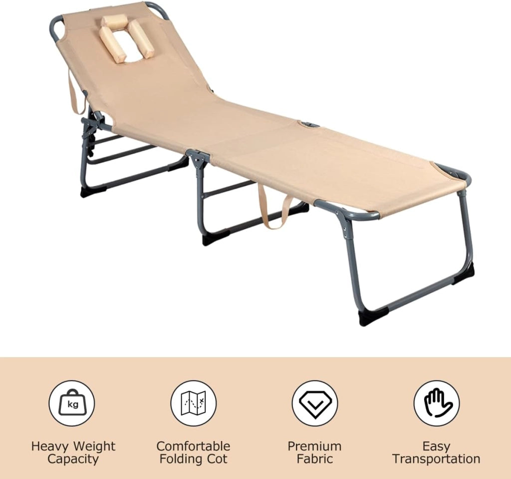 Lettino prendisole con Schienale Regolabile, Foro per Viso e Cuscino, Sedia Sdraio Pieghevole e Leggero in Tessuto Oxford, Sedia da Spiaggia per Giardino, Piscina, 194 x 60 x 36 cm, Beige