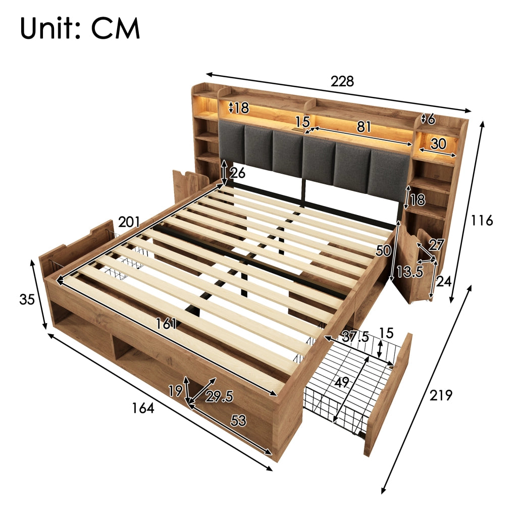 Letto contenitore matrimoniale 160 × 200 cm con LED, USB e Type-C, cassetti, senza materasso, rovere