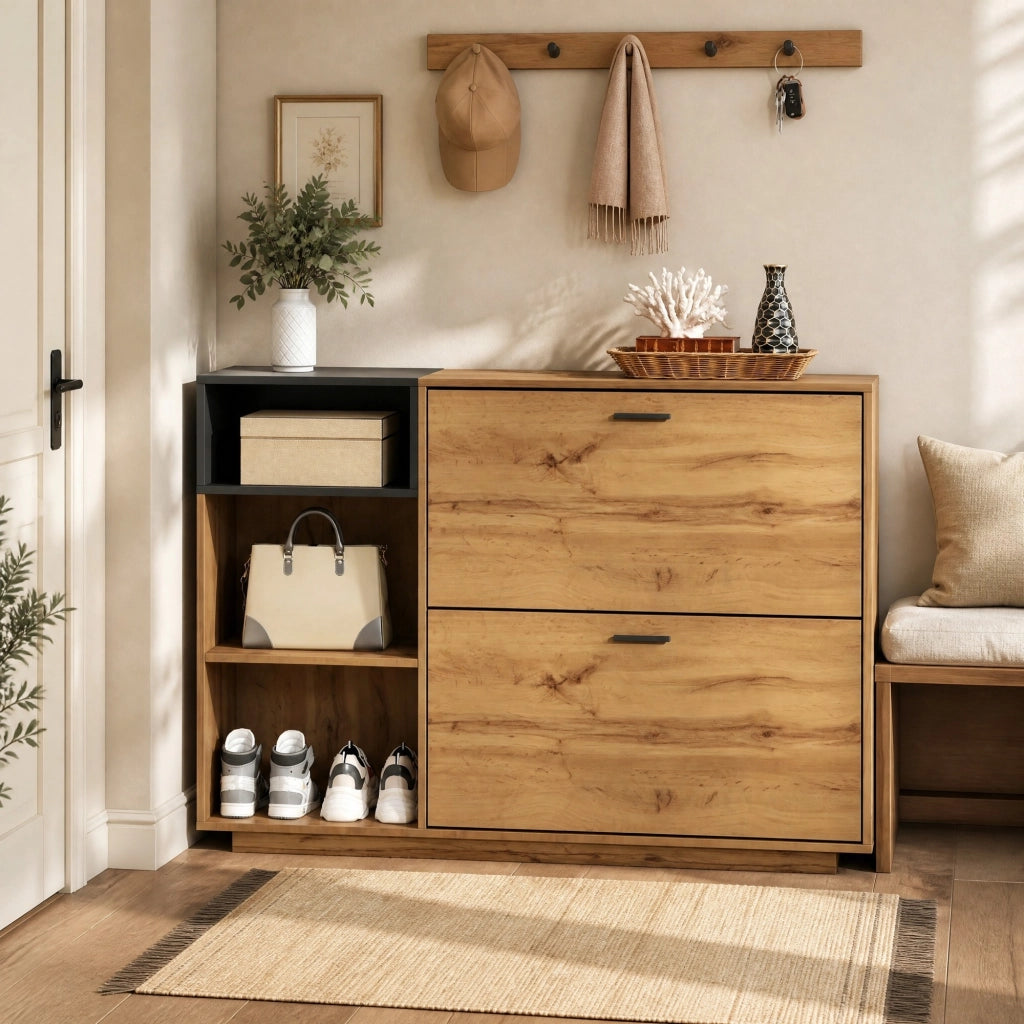 Scarpiera con 2 ante a ribalta e 3 vani aperti - per ingresso - in MDF - 120×32×84.5 cm - naturale