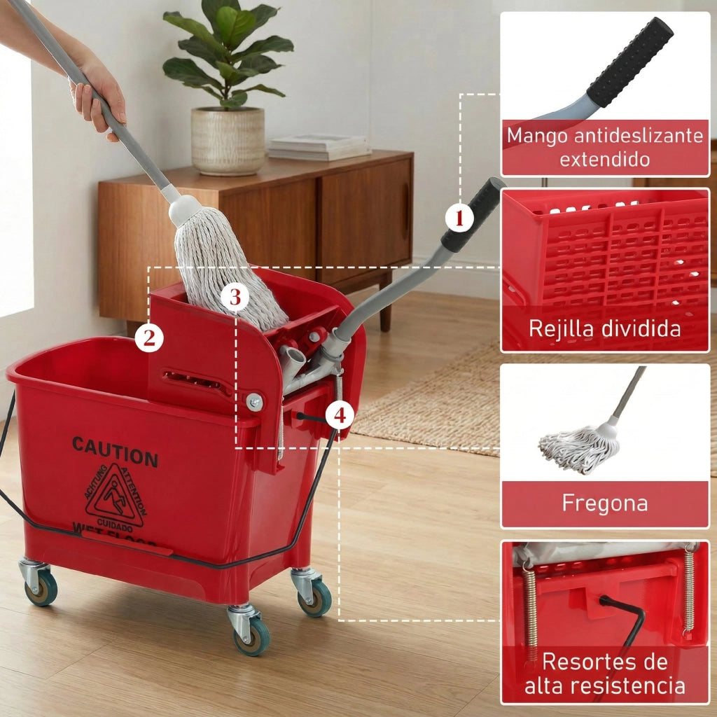Secchio per Lavaggio con Strizzatore Divisorio e Ruote ¨C Xylo ¨C 20L 45x26,5x70cm Rosso