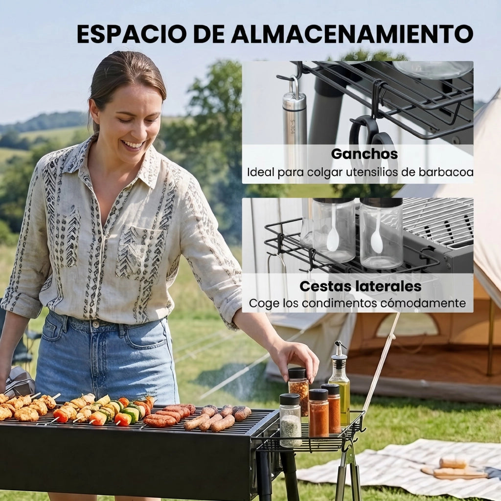 Barbecue a Carbone Portatile ¨C Xylo ¨C 2 Griglie Acciaio Inox, 2 Portaspezie, 94x39x70 cm, Nero