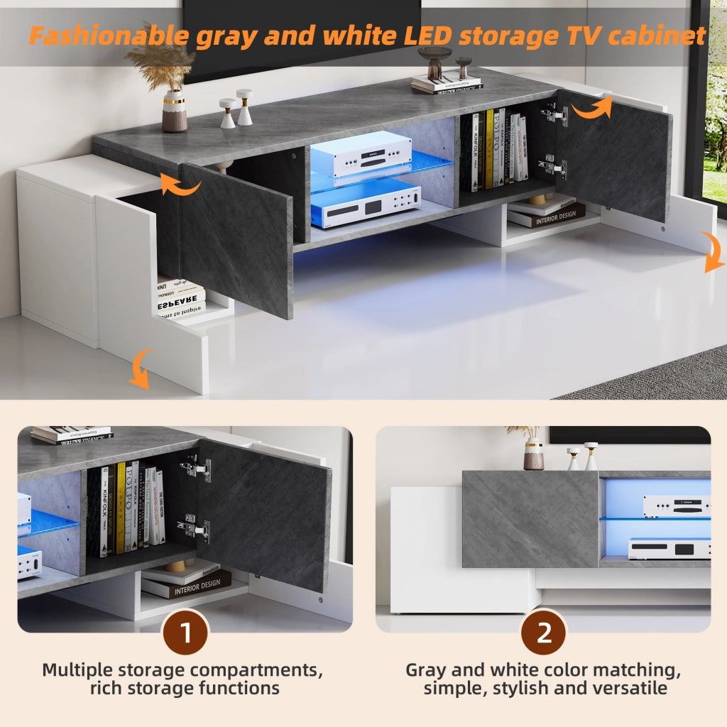 Mobile porta TV con LED, 4 ante, 3 vani e ripiani in vetro, per soggiorno, in MDF, bianco e grigio, 180 × 40 × 46,5 cm