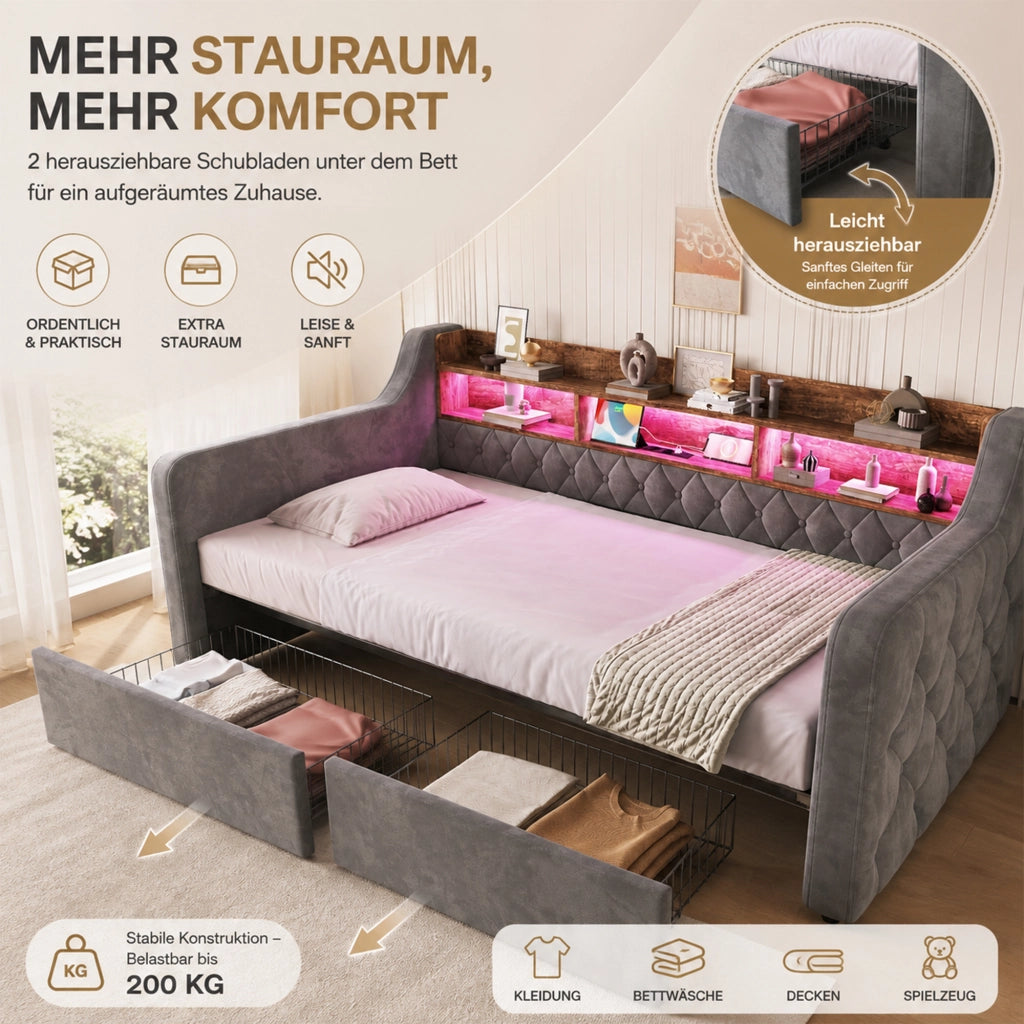 Letto imbottito con contenitore e LED, testiera con ripiano e ricarica, 2 cassetti, velluto dark gray 90 × 190 cm