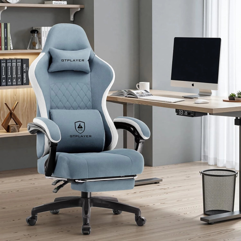 Sedia da gaming, ergonomica, da scrivania, con superficie in tessuto, cuscino a molla, braccioli di collegamento e poggiapiedi, Azzurro