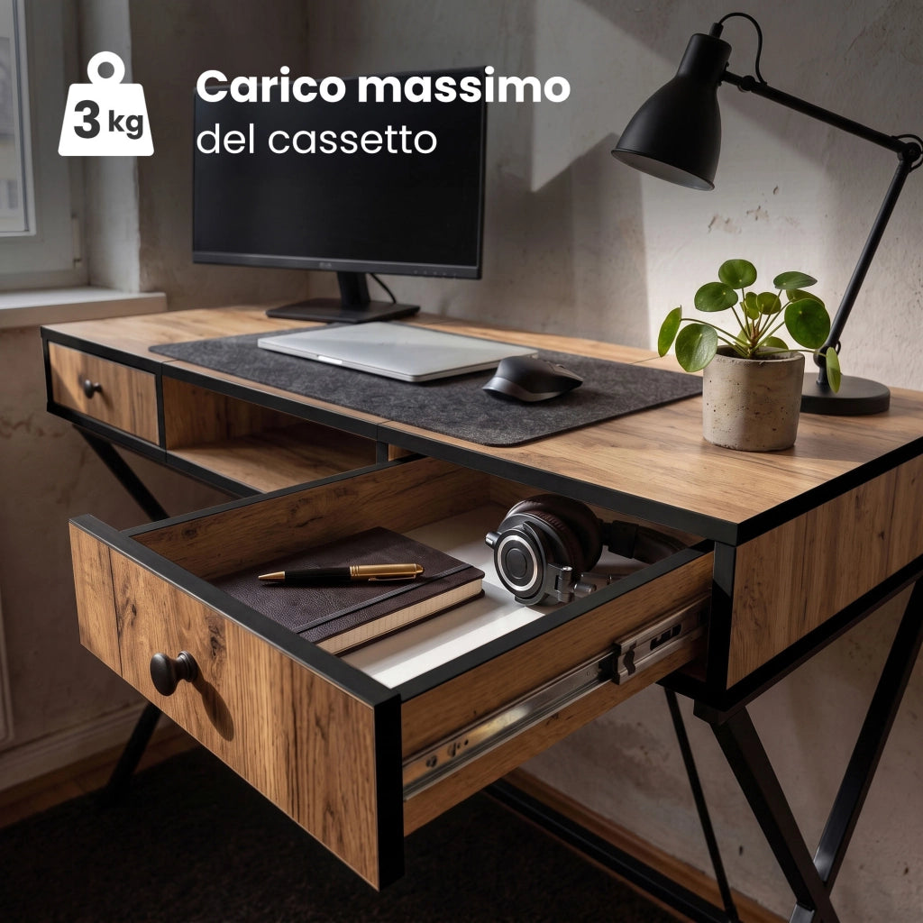 Scrivania PC industriale Rovere Craft CROSSLINE 120 cm 2 cassetti 1 ripiano gambe nere