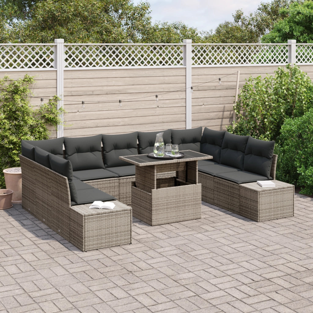 Set di SofÃ  da Giardino in 10 Pezzi con Cuscini Grigio in Polirattan