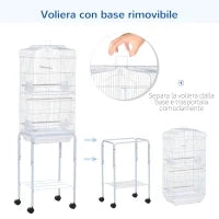 Gabbia per Uccelli, Voliera in Metallo e Acciaio con Ruote, Trespoli e Ciotole, 46.5x36x157cm, Bianco