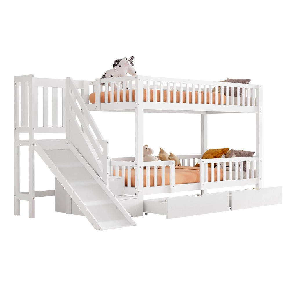Letto a Castello per Bambini con Scivolo, Cassetti e Porta Magnetica ¨C MINIMAL ¨C Massello Bianco 90x200