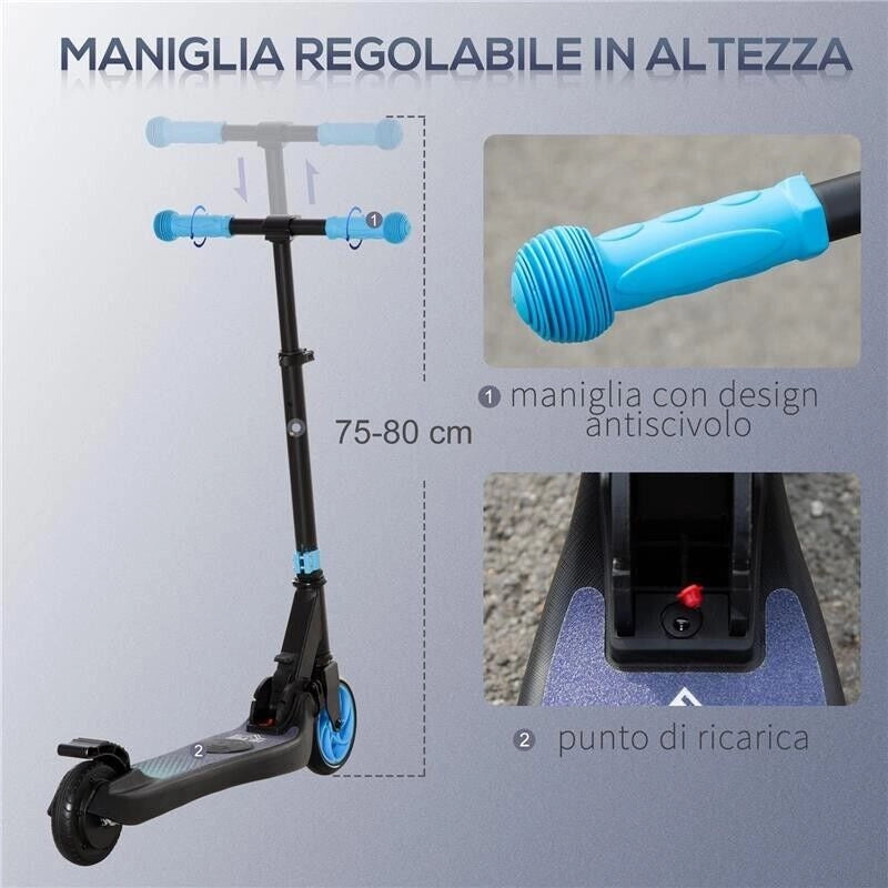 MONOPATTINO ELETTRICO PIEGHEVOLE PER BAMBINI 6+ ANNI AD ALTEZZA REGOLABILE, 71X36.5X75-80 CM, NERO E AZZURRO