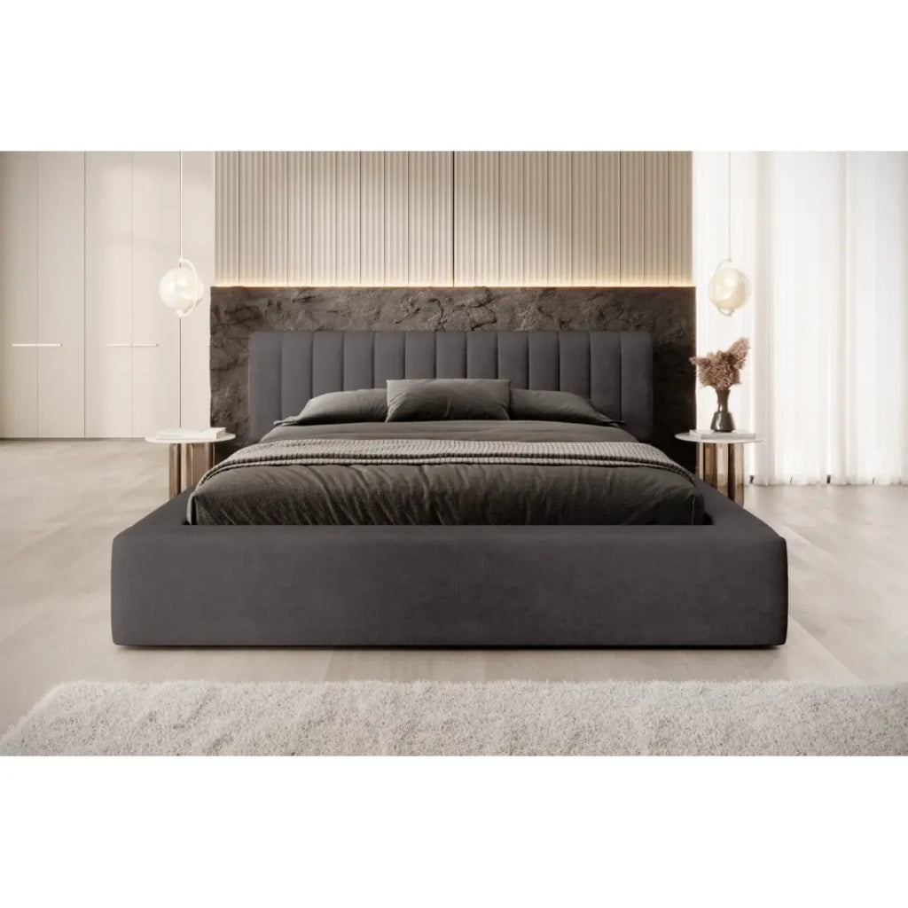 Letto contenitore CERVIN – Tessuto bouclé Sabbia nuvolata – 180x200 cm – Rete sollevabile – Design contemporaneo