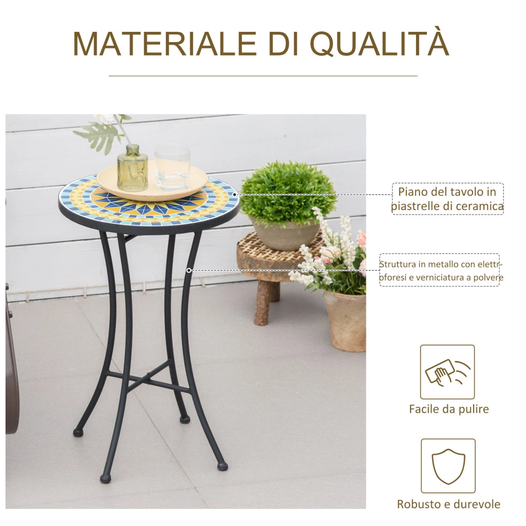 Tavolino da Giardino in Metallo con Piano d'Appoggio a Mosaico, §¶35.5x53.5cm