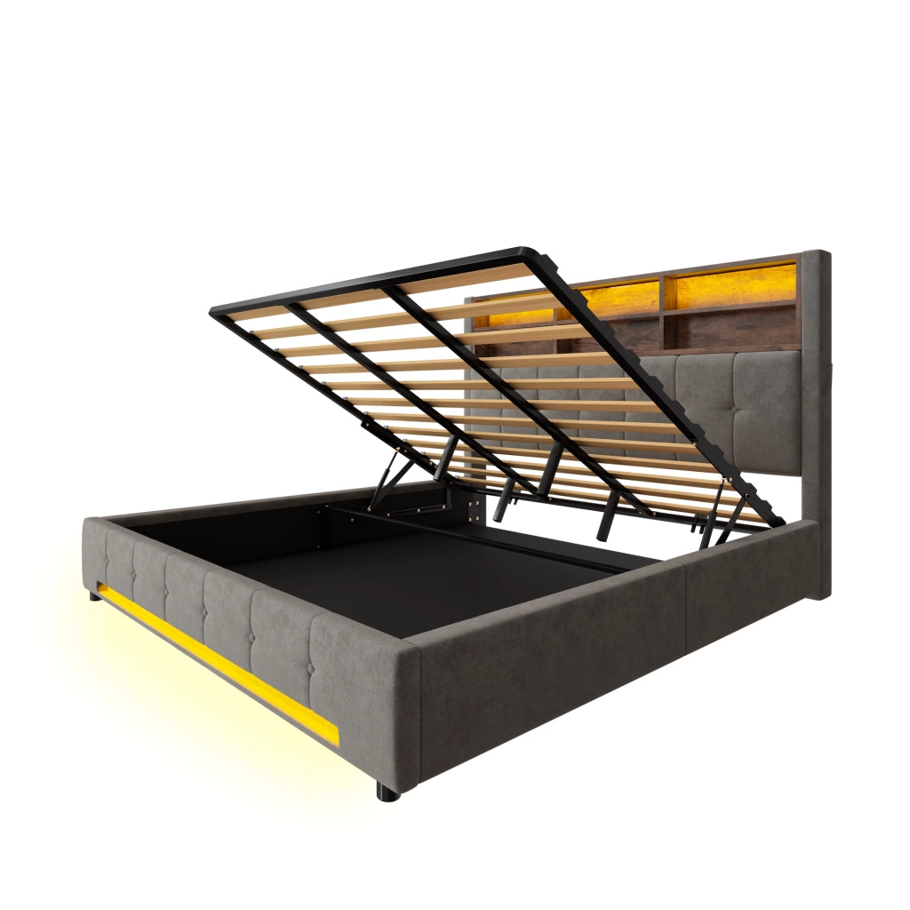 DESMIU Lit coffre 180 × 200 cm 2 posti con 6 vani, tasche laterali, USB-C e LED, senza materasso, grigio scuro