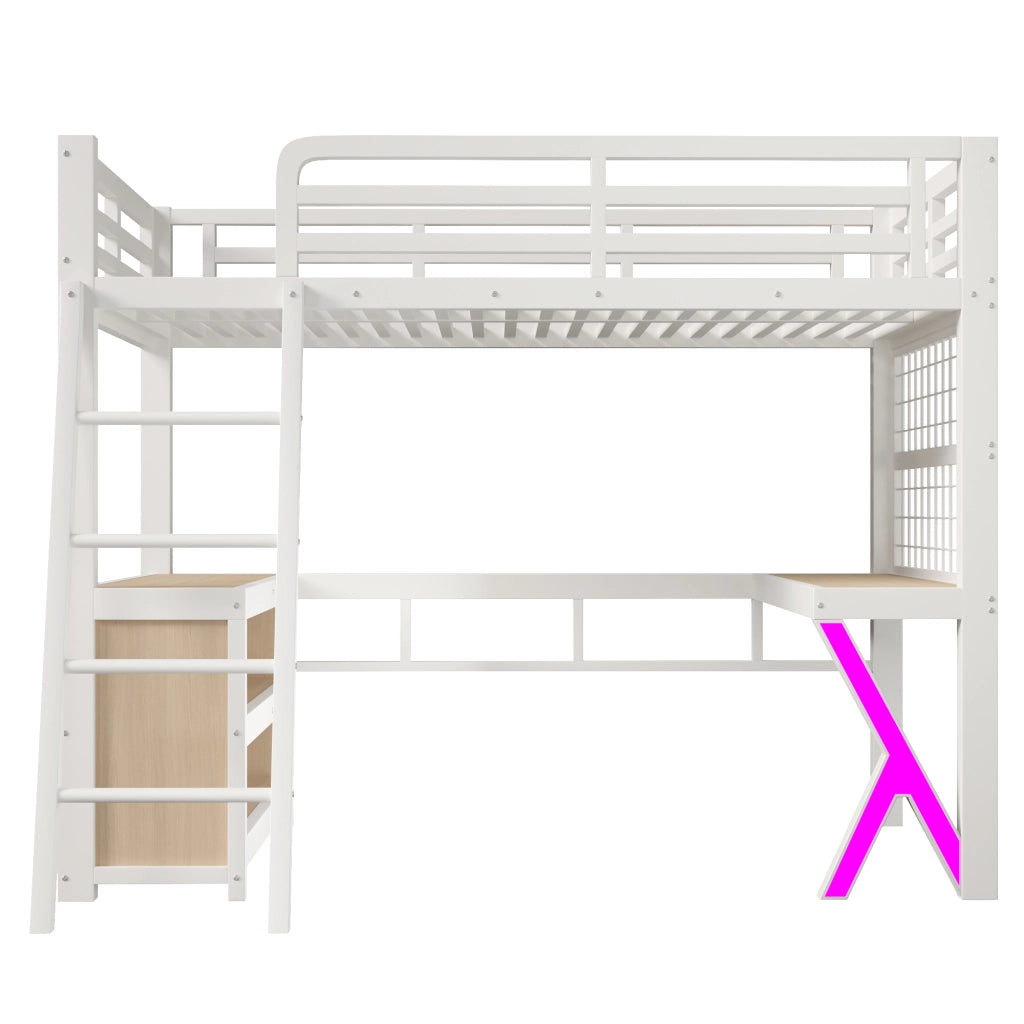 Letto a soppalco 90x200 cm con scrivania; armadio e striscia LED; in metallo e MDF bianco
