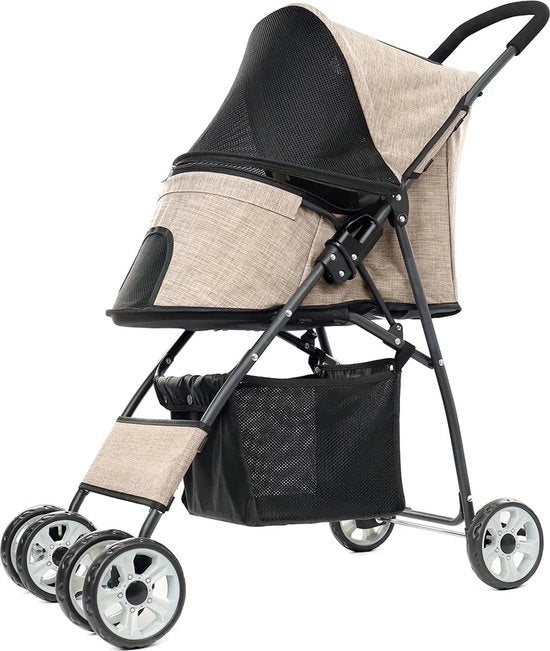 Carriolo per cani - Carrello per animali domestici - Ripiegabile - Con cesta per spesa - Incl. Finestra a rete/Parasole - Chiusura ermetica - Con freno - Beige