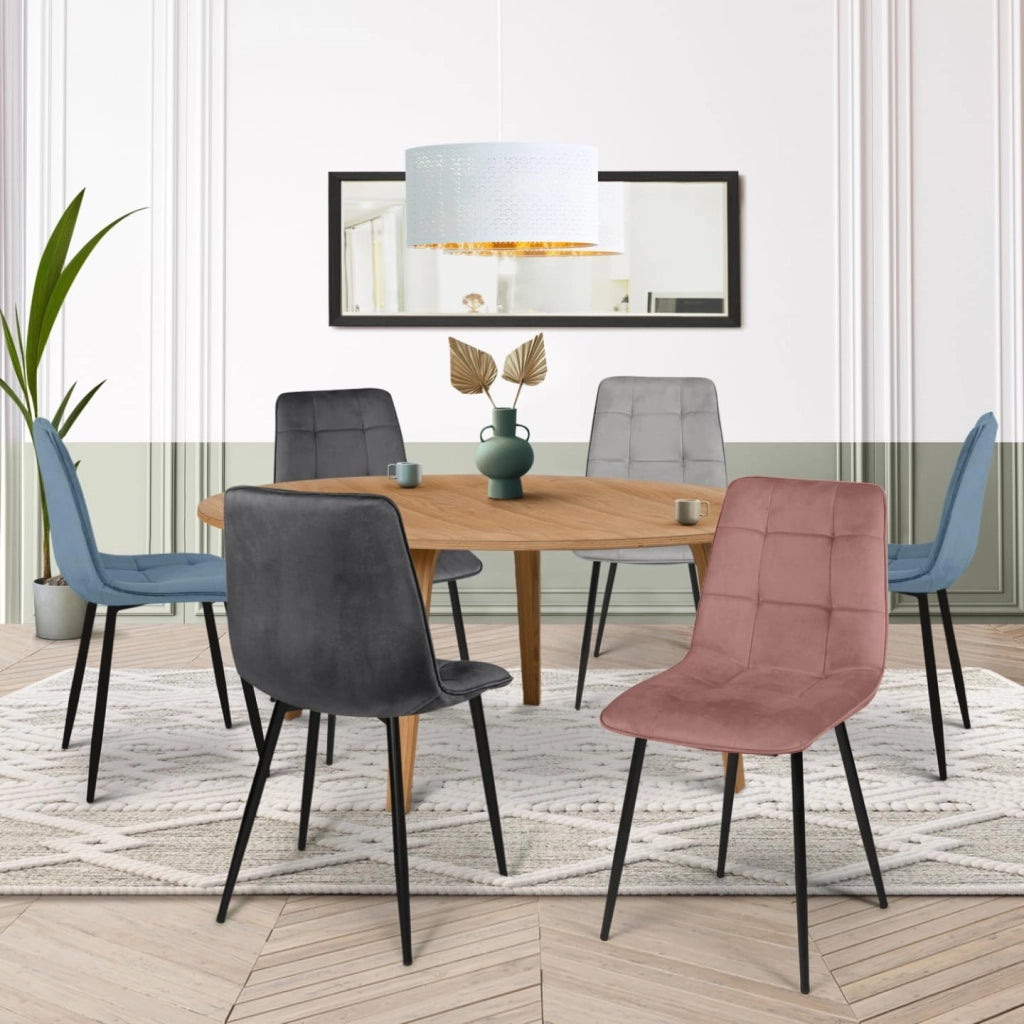 Set di 6 sedie in velluto misto MILA blu pastello x2, grigio scuro x2, grigio chiaro e rosa