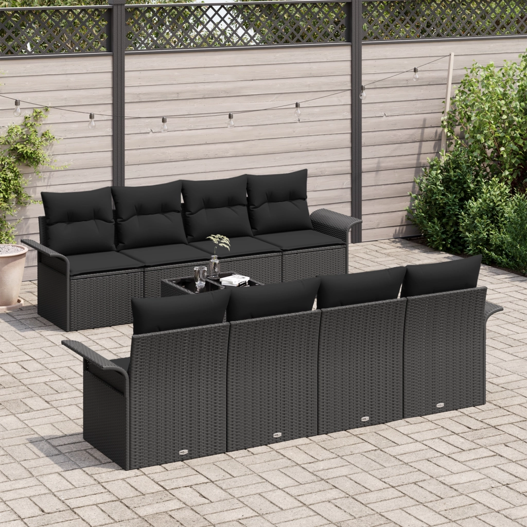 Set Divano Giardino 9 Pezzi con Cuscini Nero Polyrattan