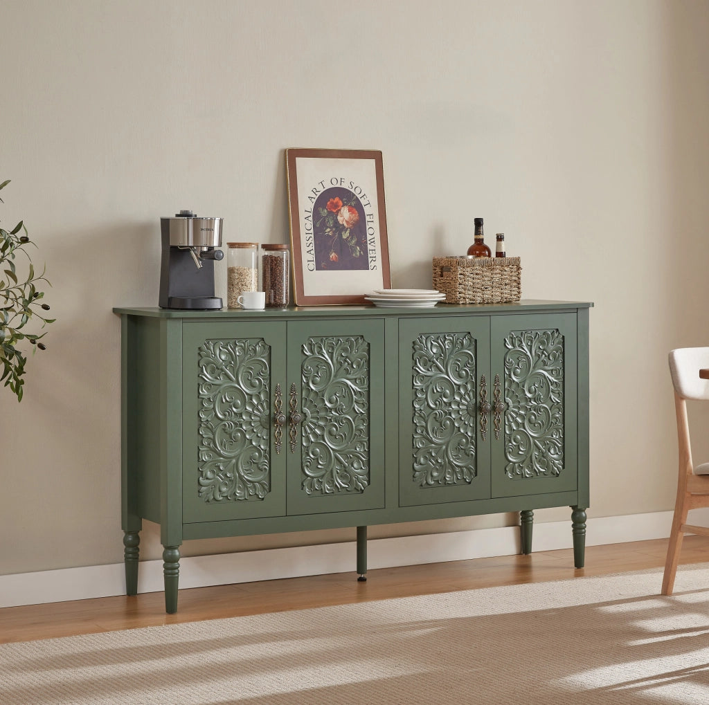 Credenza 160x40x89 cm con decori in rilievo e angoli arrotondati in truciolare; MDF e metallo verde
