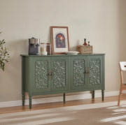Credenza 160x40x89 cm con decori in rilievo e angoli arrotondati in truciolare; MDF e metallo verde
