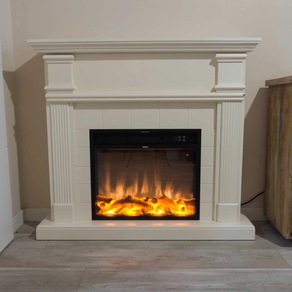 Mpc Camino Caldera Caminetto Elettrico Completo Di Inserto Elettrico 1500 w Effetto Fiamma Super Realisitco e Cornce In Legno Mdf Bianco Crematelecomando Incluso