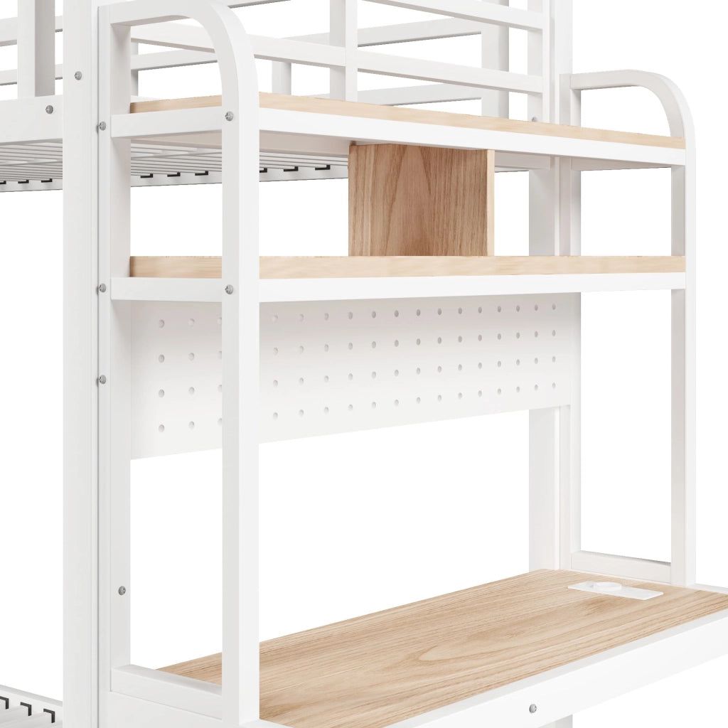 Letto a castello, 90 x 200 cm, struttura in ferro, con ripiano portaoggetti, scrivania, luce a LED, presa USB, bianco