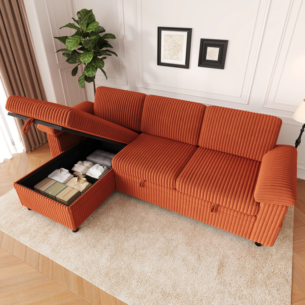 Divano angolare letto con contenitore; schienale regolabile e USB in corduroy arancione