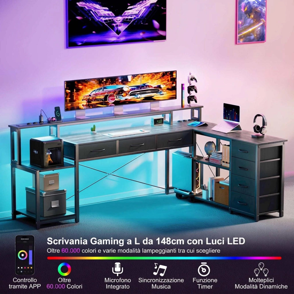 Scrivania per computer a L, scrivania da gaming, con cassetti, prese di corrente integrate, luci d'atmosfera, grigia