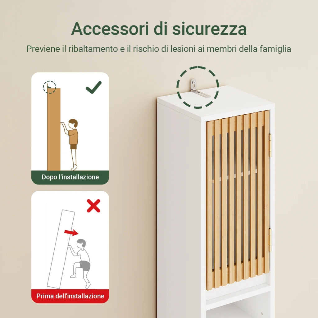 SoBuy BZR34-BW Mobile Bagno Salvaspazio Colonna Armadietto Alto con 6 Ripiani Regolabili, Mobiletto da Bagno con Ante in Bambù, Mobiletto Stretto per Piccoli Spazi, Bianco, 20x20x180cm