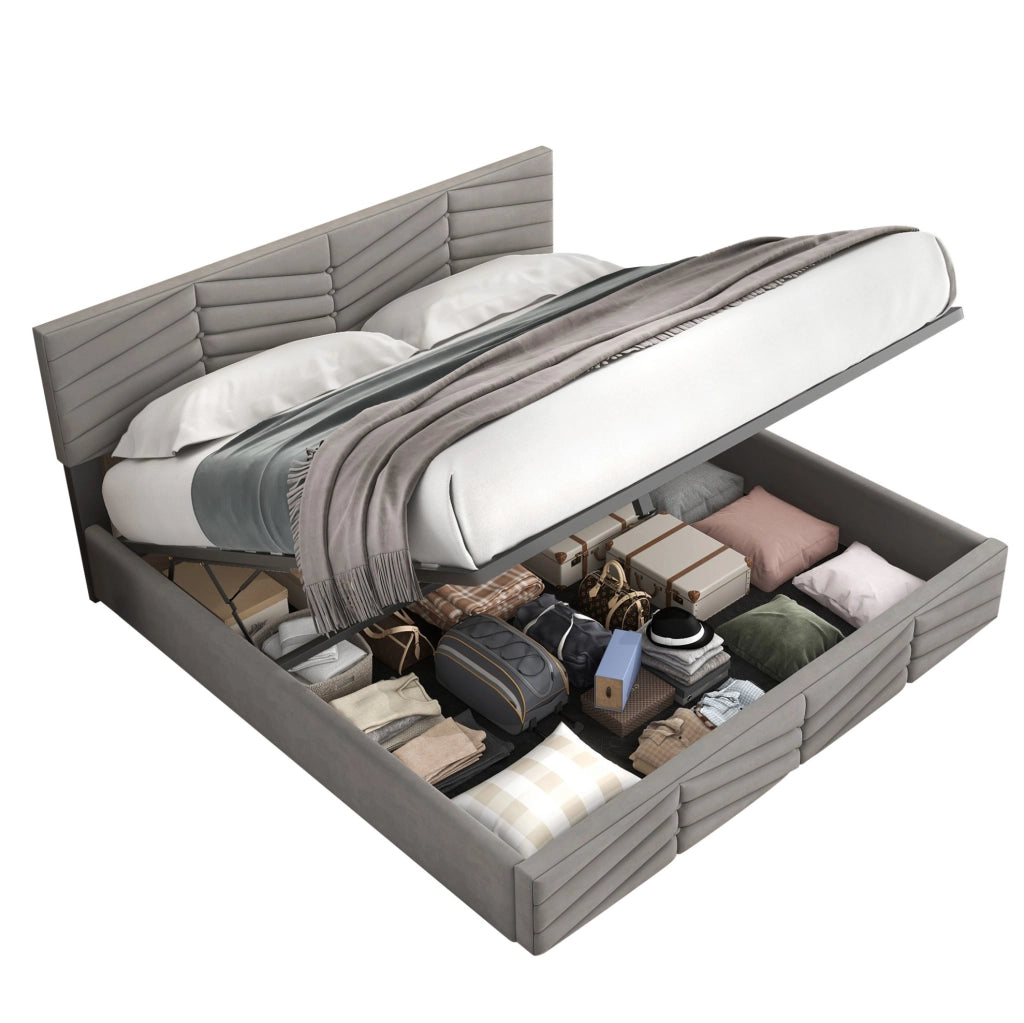 Letto matrimoniale imbottito 180x200 cm in velluto grigio con testiera regolabile e contenitore