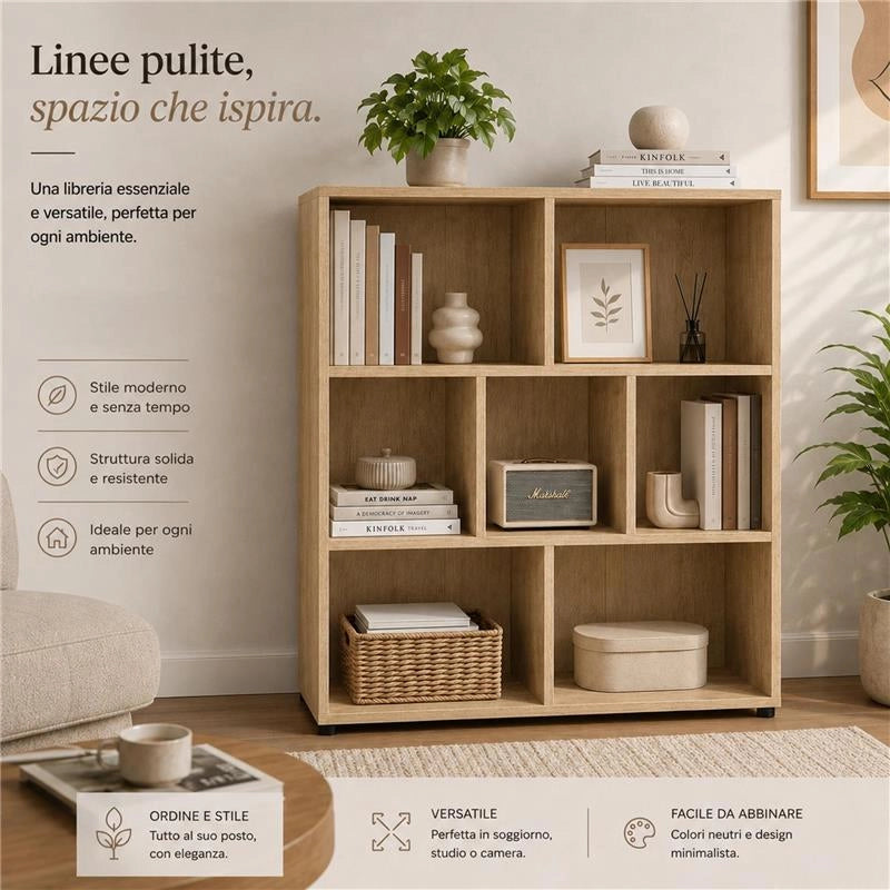 LIBRERIA IN LEGNO CON 7 RIPIANI COLORE ROVERE DIMENSIONI 90X30X106 CM