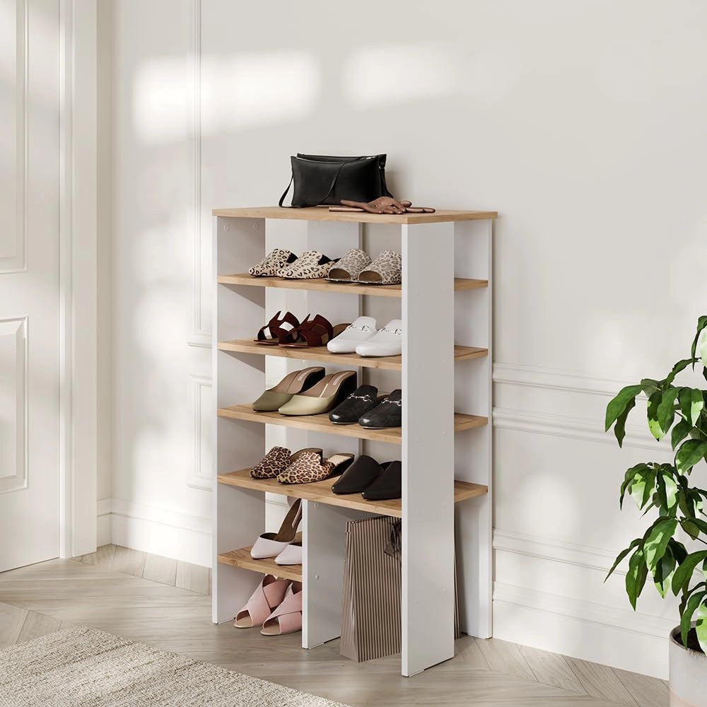 Scarpiera Marlon, Rovere bianco/dorato, 60 x 100 cm con 5 scomparti