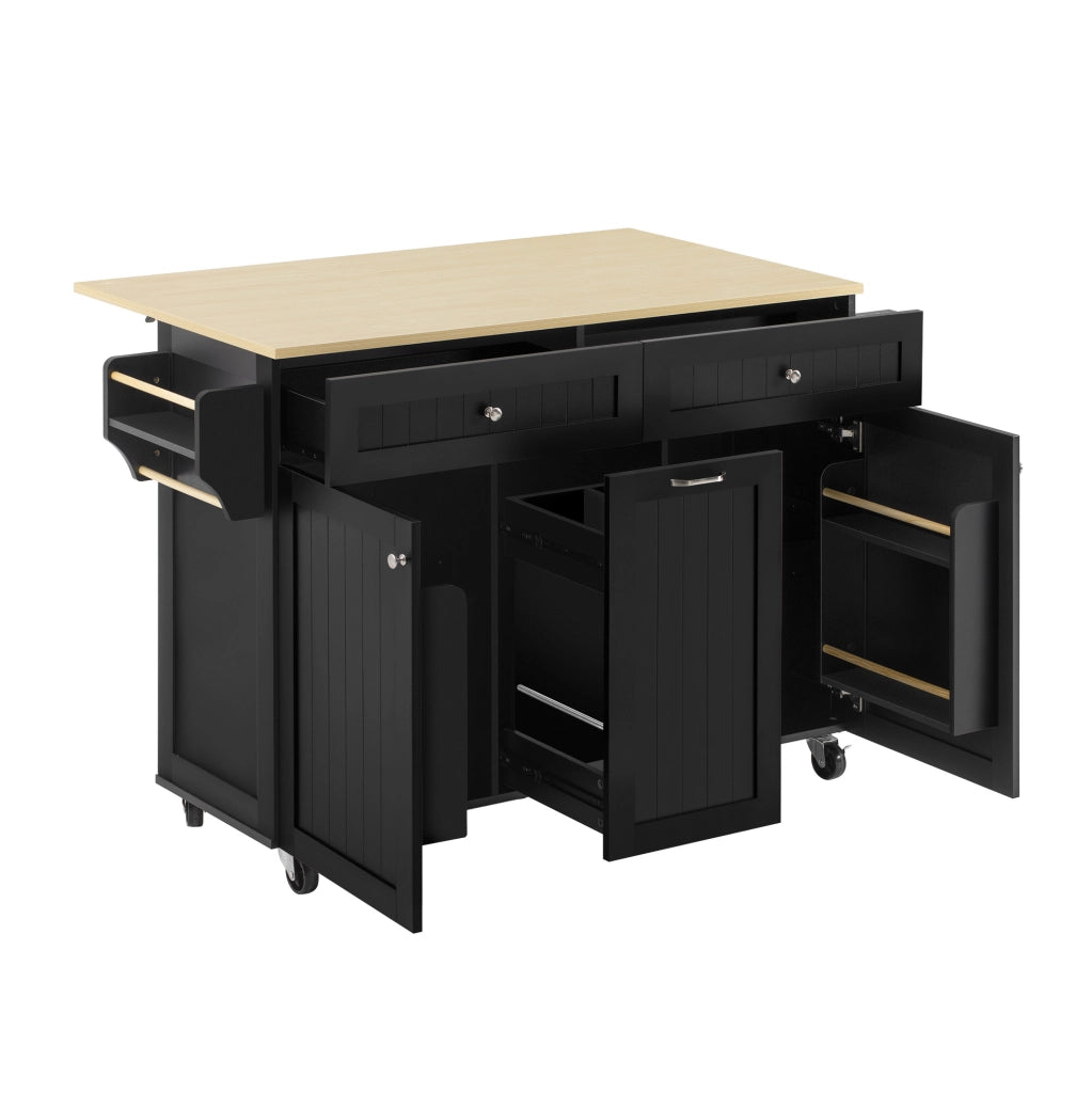 Isola da cucina mobile con piano estraibile e pieghevole; MDF; nero e naturale