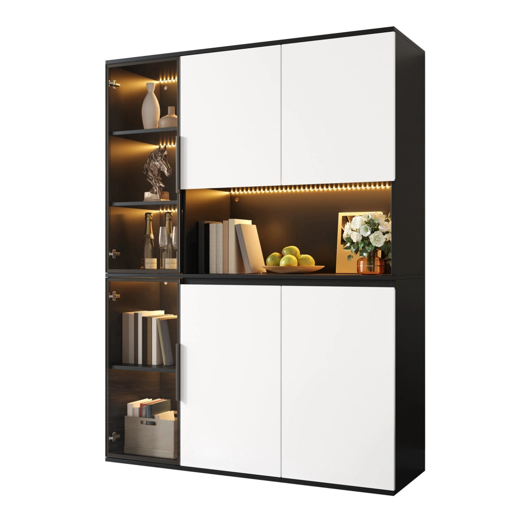 Armadio alto in MDF con LED; vetro e vani aperti 120x40x160 cm Bianco/Nero