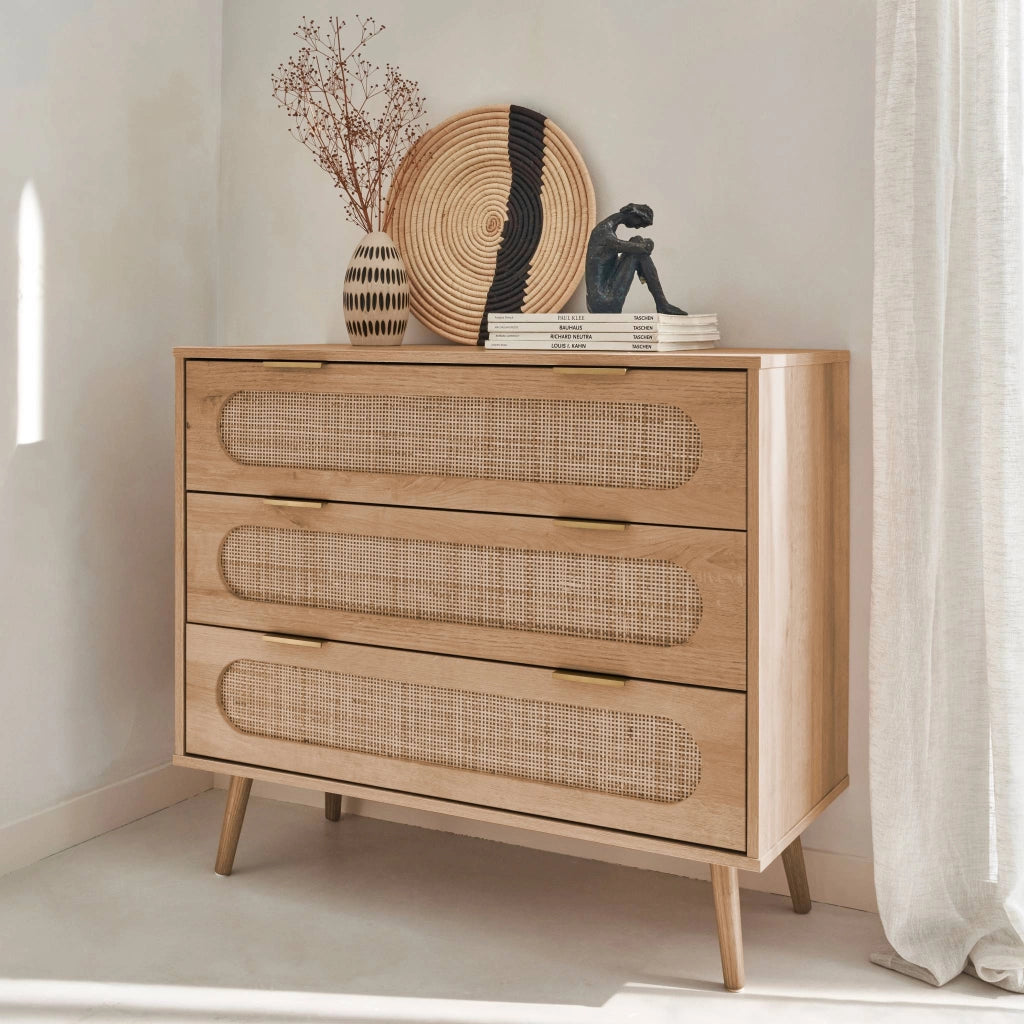 Cassettiera in legno e canna intrecciata, 3 cassetti, marrone naturale