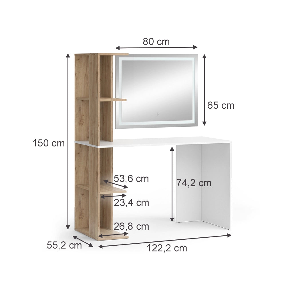 Vicco Tavolo da toeletta Bianco/Sonoma 122.2 cm con specchio a LED