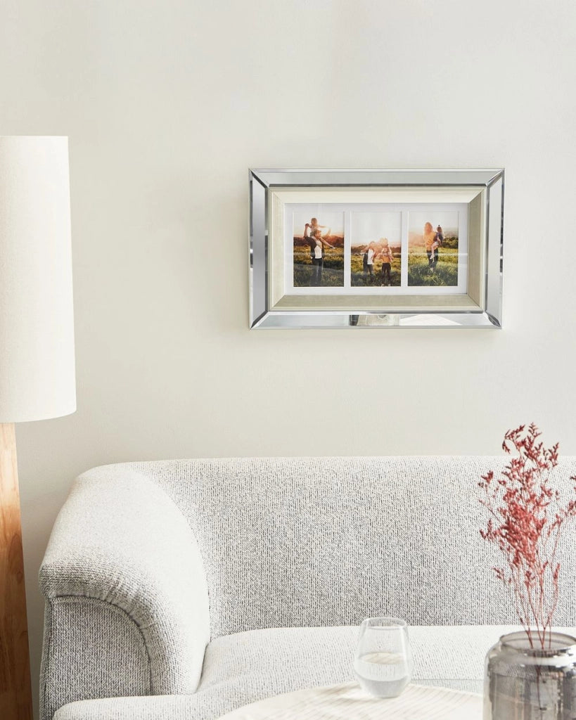 Cornice Multifoto Argento Vetro Specchiato 32 x 50 cm per 3 Foto 10 x 15 cm Collage Apertura