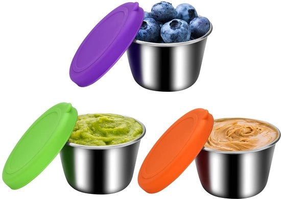 Set di contenitori alimentari con coperchi, 3 x 70 ml contenitori di condimento per insalata in acciaio inossidabile, contenitori di erbe piccoli, scatola per snack, contenitori alimentari riciclabili e impermeabili per salse e erbe