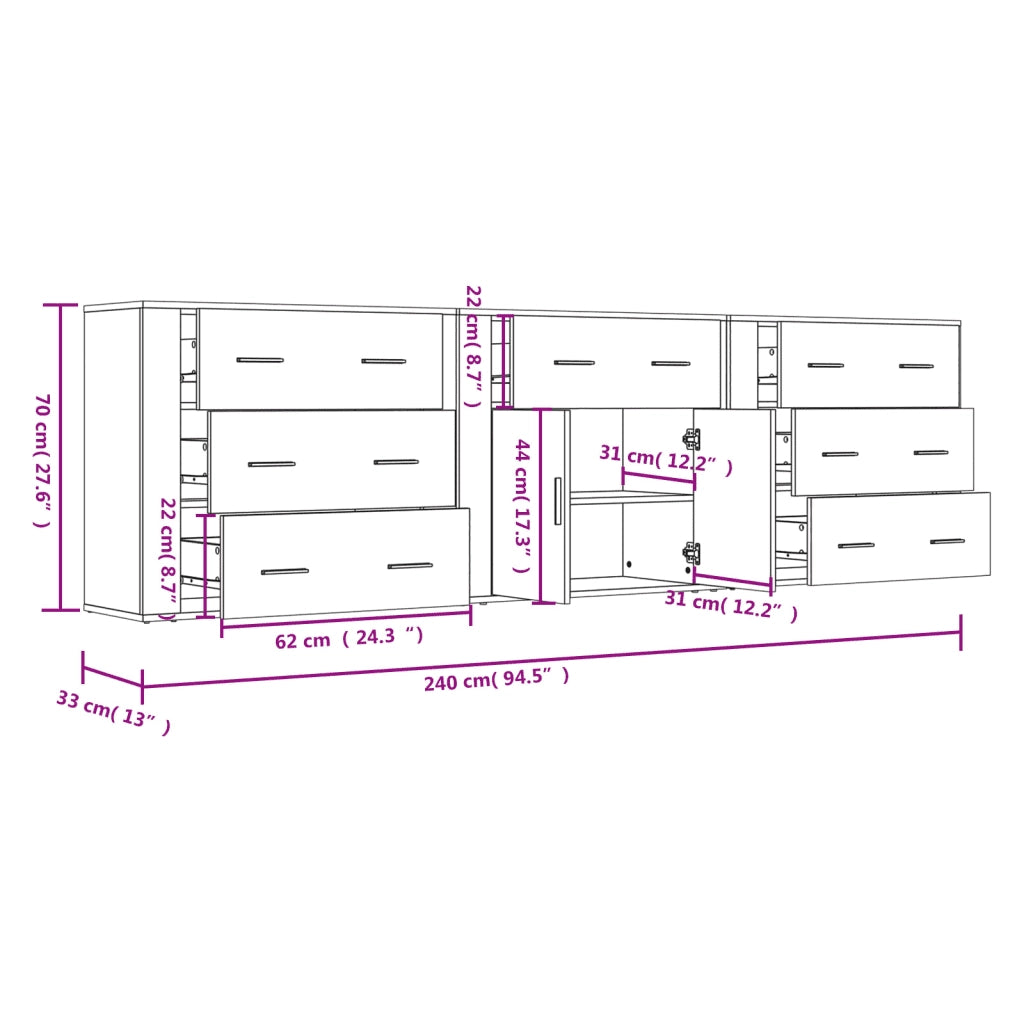 Credenze 3 pz Grigio Sonoma in Legno Multistrato 3185429